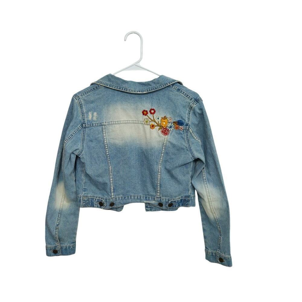 Rare Distressed Floral Embroidery Cropped Womens Denim Jacket Button Up Sz Small - Picture 2 of 6